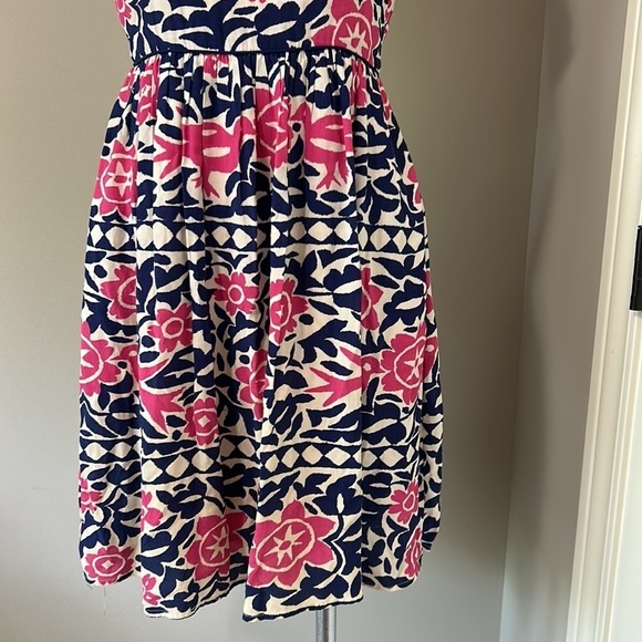 Anthropologie Maeve Peralta pink and blue bird patterned midi Dress Sz 2 - Picture 3 of 11